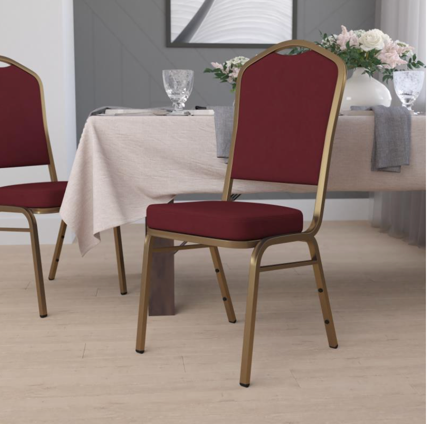 (SET OF 20 CHAIRS) Crown Back Stacking Church/Banquet Chair in Burgundy Fabric - Gold Frame 17.25" Wide