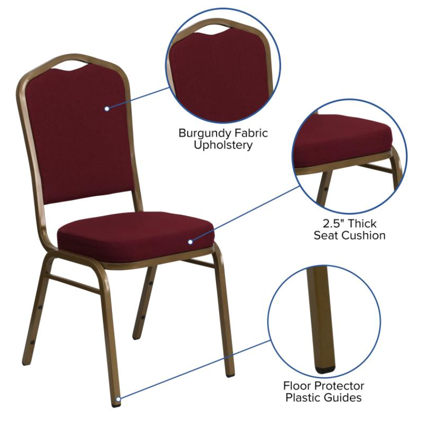 (SET OF 20 CHAIRS) Crown Back Stacking Church/Banquet Chair in Burgundy Fabric - Gold Frame 17.25" Wide