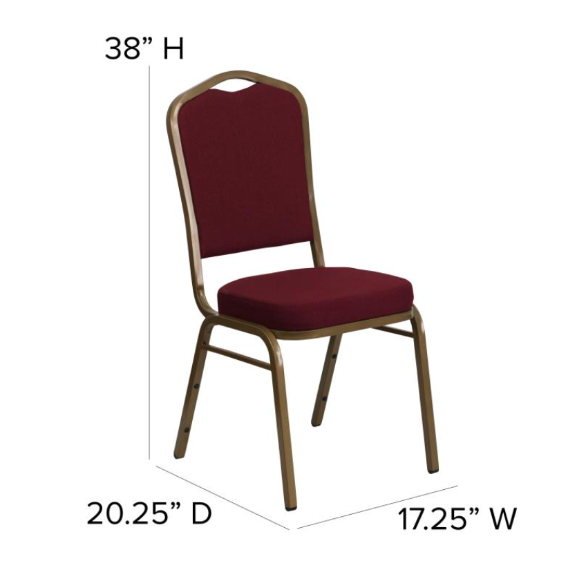 (SET OF 20 CHAIRS) Crown Back Stacking Church/Banquet Chair in Burgundy Fabric - Gold Frame 17.25" Wide