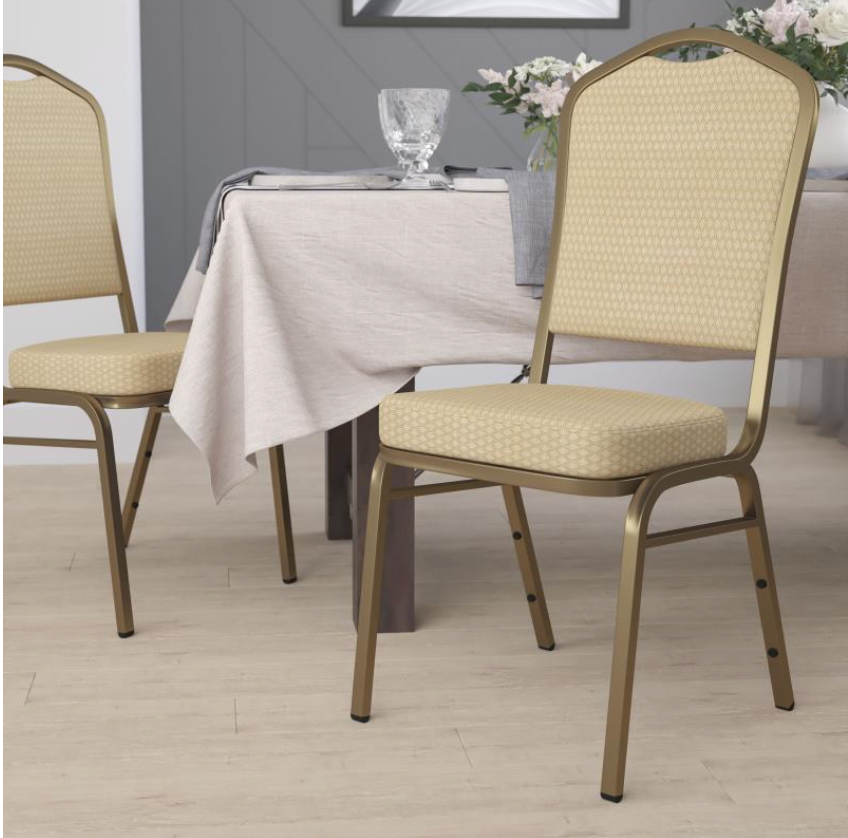 (SET OF 20 CHAIRS) Crown Back Stacking Church/Banquet Chair in Beige Patterned Fabric - Gold Frame 17.25" Wide