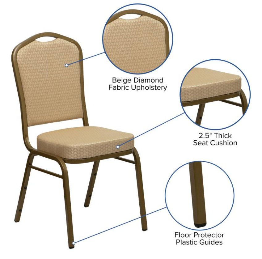 (SET OF 20 CHAIRS) Crown Back Stacking Church/Banquet Chair in Beige Patterned Fabric - Gold Frame 17.25" Wide