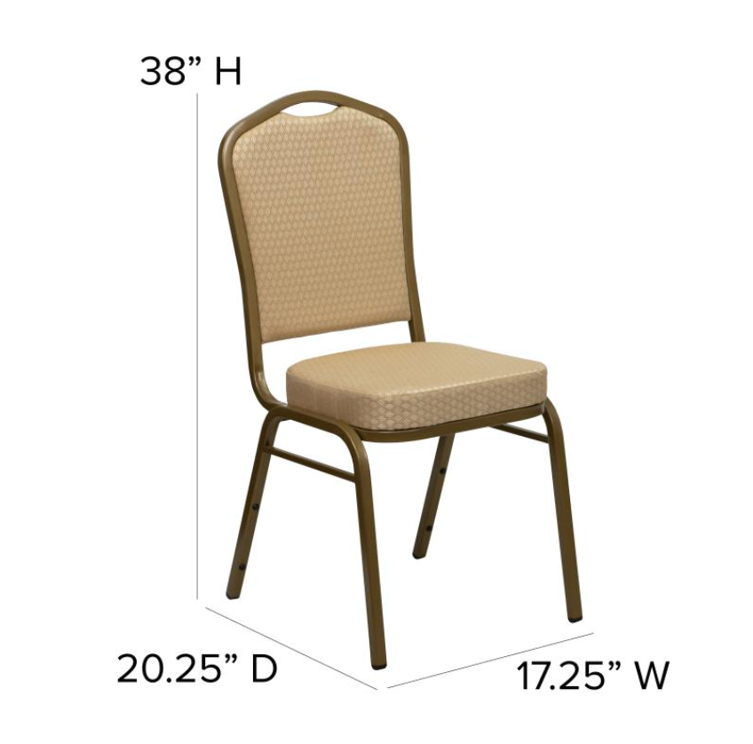(SET OF 20 CHAIRS) Crown Back Stacking Church/Banquet Chair in Beige Patterned Fabric - Gold Frame 17.25" Wide