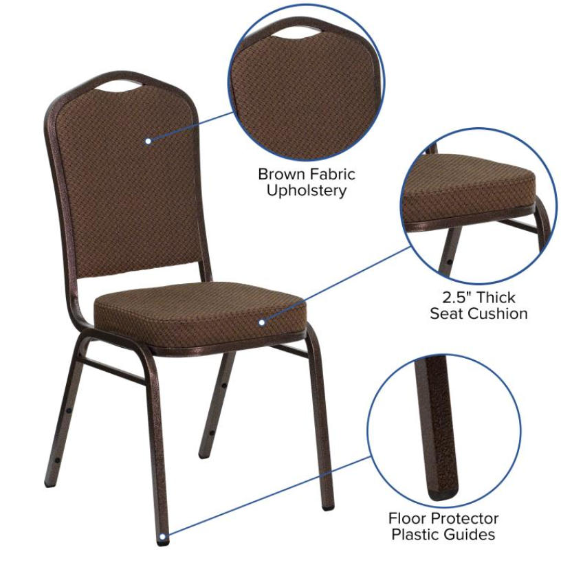 (SET OF 20 CHAIRS) Crown Back Stacking Church/Banquet Chair in Brown Patterned Fabric - Copper Vein Frame 17.25" Wide