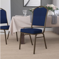 (SET OF 20 CHAIRS) Crown Back Stacking Church/Banquet Chair in Navy Blue Patterned Fabric - Gold Vein Frame 17.25" Wide