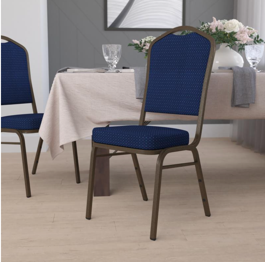 (SET OF 20 CHAIRS) Crown Back Stacking Church/Banquet Chair in Navy Blue Patterned Fabric - Gold Vein Frame 17.25" Wide