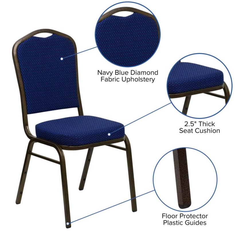 (SET OF 20 CHAIRS) Crown Back Stacking Church/Banquet Chair in Navy Blue Patterned Fabric - Gold Vein Frame 17.25" Wide