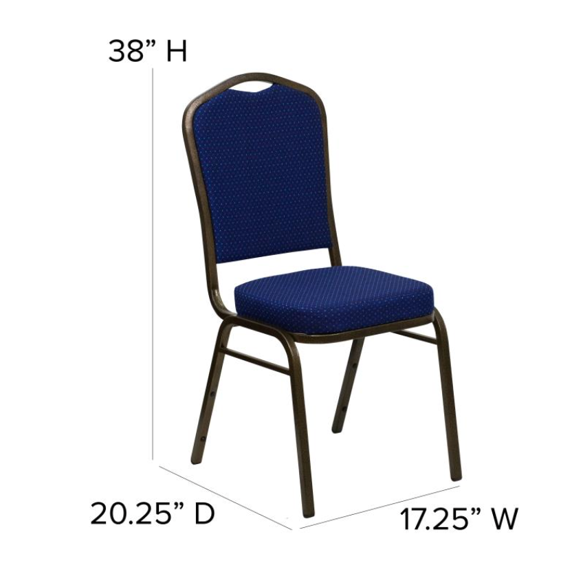 (SET OF 20 CHAIRS) Crown Back Stacking Church/Banquet Chair in Navy Blue Patterned Fabric - Gold Vein Frame 17.25" Wide