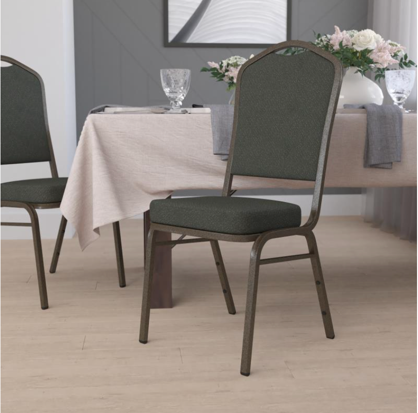 (SET OF 20 CHAIRS) Crown Back Stacking Church/Banquet Chair in Green Patterned Fabric - Gold Vein Frame 17.25" Wide