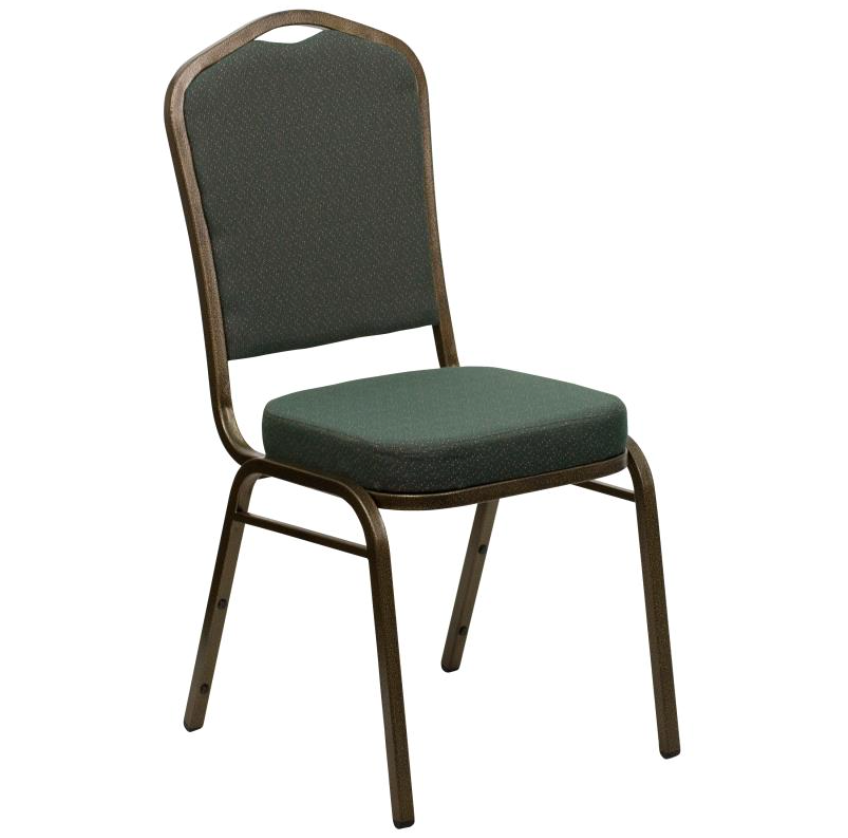 (SET OF 20 CHAIRS) Crown Back Stacking Church/Banquet Chair in Green Patterned Fabric - Gold Vein Frame 17.25" Wide