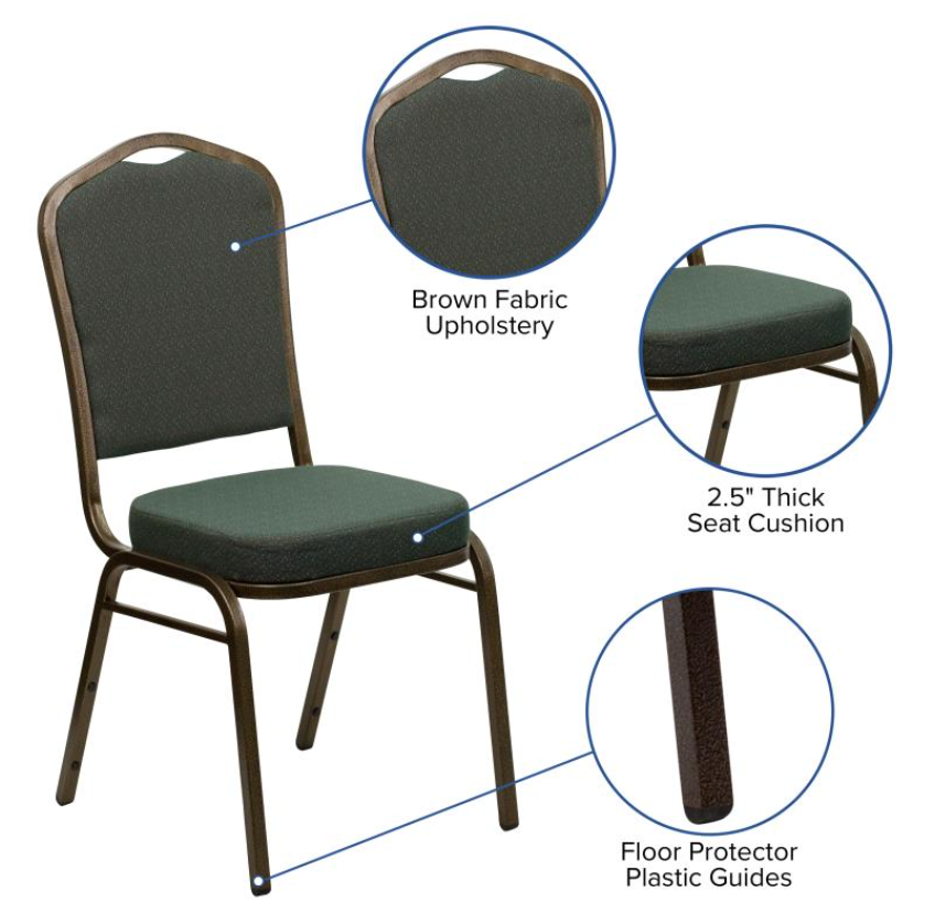 (SET OF 20 CHAIRS) Crown Back Stacking Church/Banquet Chair in Green Patterned Fabric - Gold Vein Frame 17.25" Wide