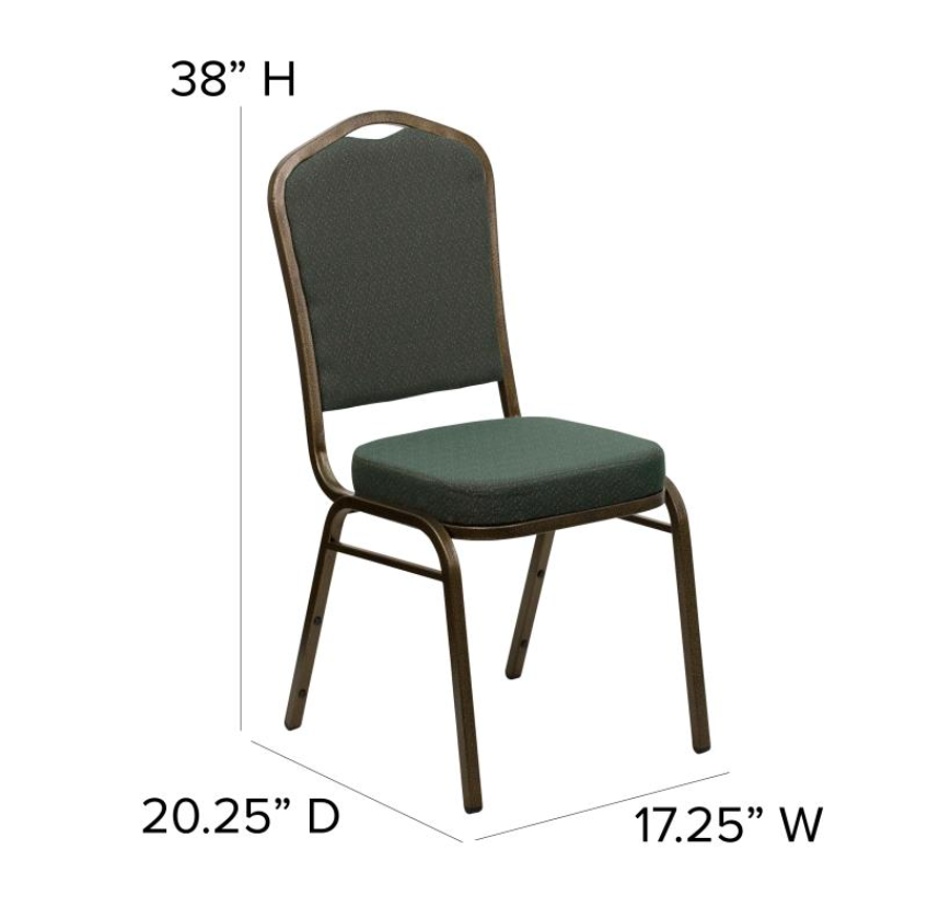 (SET OF 20 CHAIRS) Crown Back Stacking Church/Banquet Chair in Green Patterned Fabric - Gold Vein Frame 17.25" Wide
