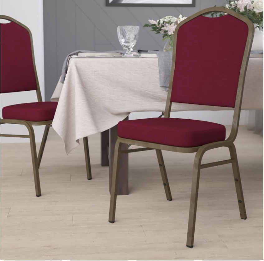(SET OF 20 CHAIRS) Crown Back Stacking Church/Banquet Chair in Burgundy Fabric - Gold Vein Frame 17.25" Wide