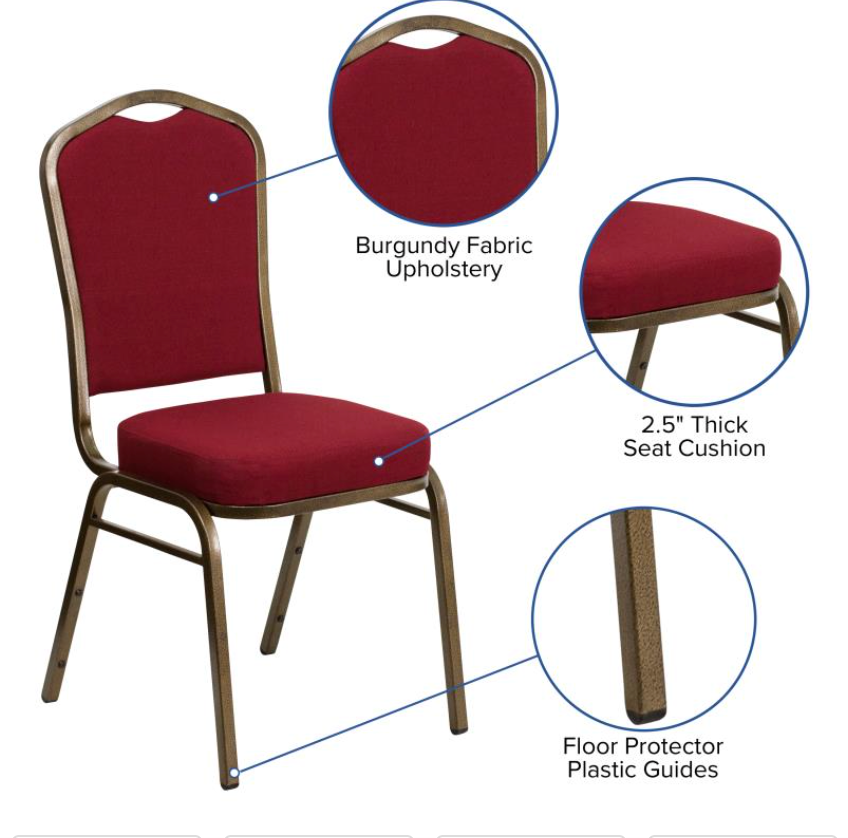 (SET OF 20 CHAIRS) Crown Back Stacking Church/Banquet Chair in Burgundy Fabric - Gold Vein Frame 17.25" Wide