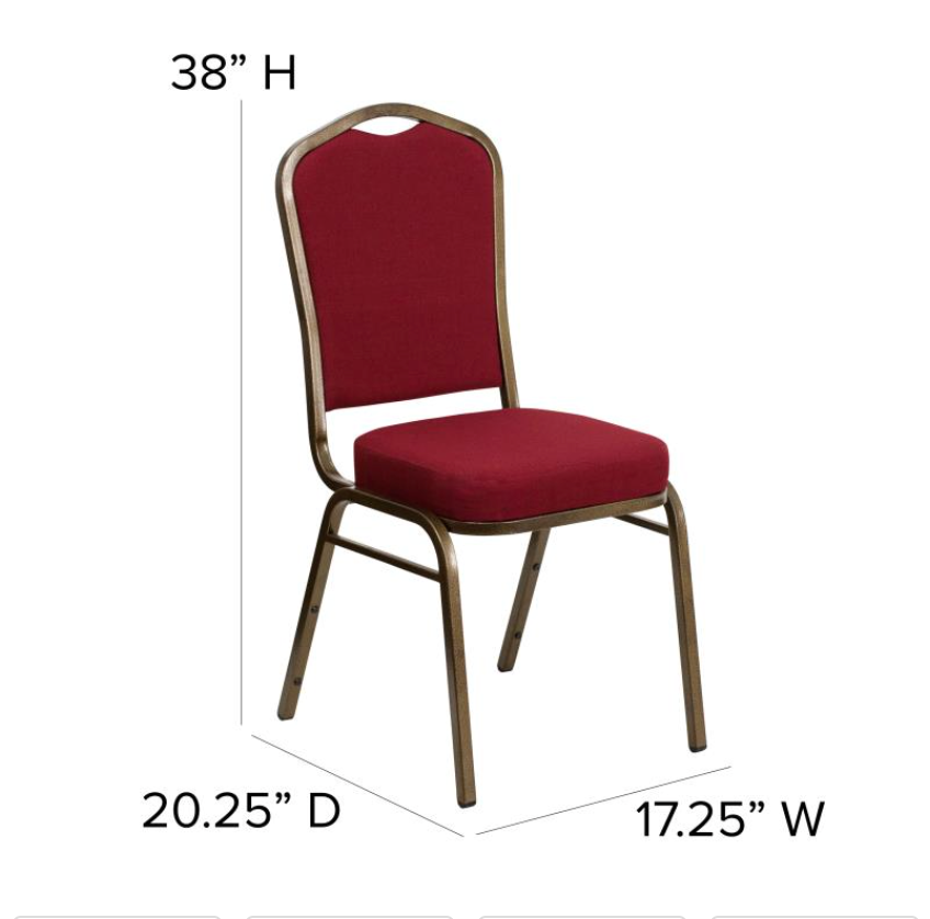 (SET OF 20 CHAIRS) Crown Back Stacking Church/Banquet Chair in Burgundy Fabric - Gold Vein Frame 17.25" Wide
