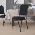 (SET OF 20 CHAIRS) Crown Back Stacking Church/Banquet Chair in Black Patterned Fabric - Gold Vein Frame 17.25" Wide