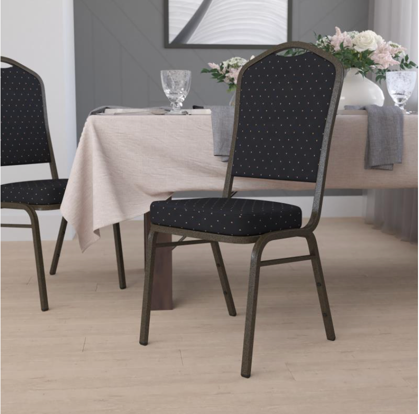 (SET OF 20 CHAIRS) Crown Back Stacking Church/Banquet Chair in Black Patterned Fabric - Gold Vein Frame 17.25" Wide