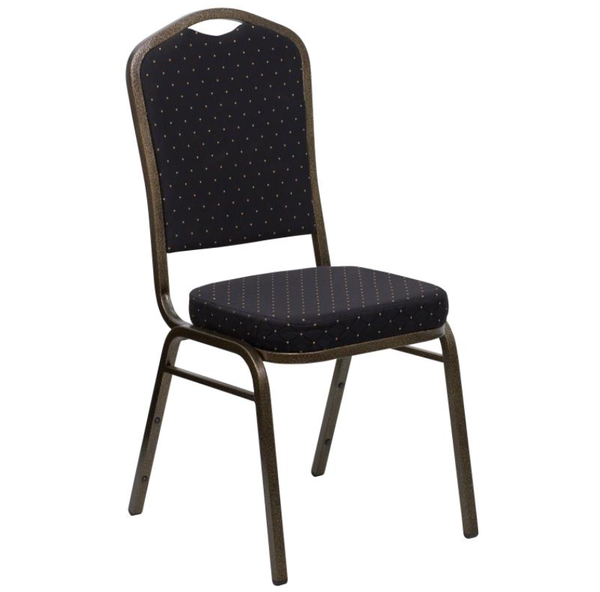(SET OF 20 CHAIRS) Crown Back Stacking Church/Banquet Chair in Black Patterned Fabric - Gold Vein Frame 17.25" Wide