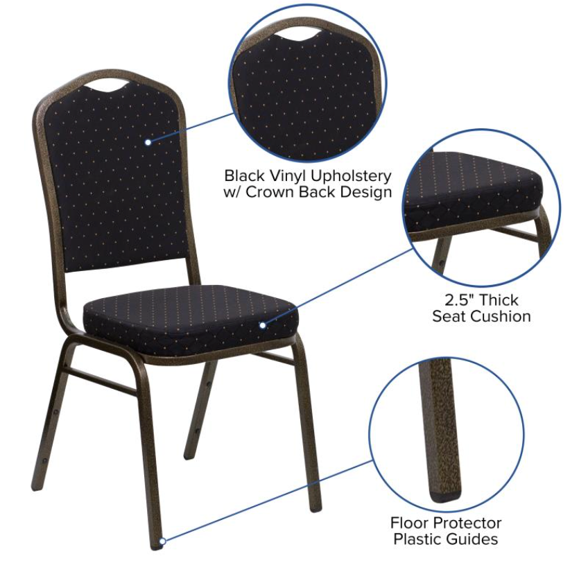 (SET OF 20 CHAIRS) Crown Back Stacking Church/Banquet Chair in Black Patterned Fabric - Gold Vein Frame 17.25" Wide