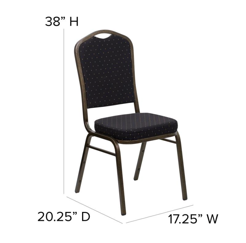 (SET OF 20 CHAIRS) Crown Back Stacking Church/Banquet Chair in Black Patterned Fabric - Gold Vein Frame 17.25" Wide