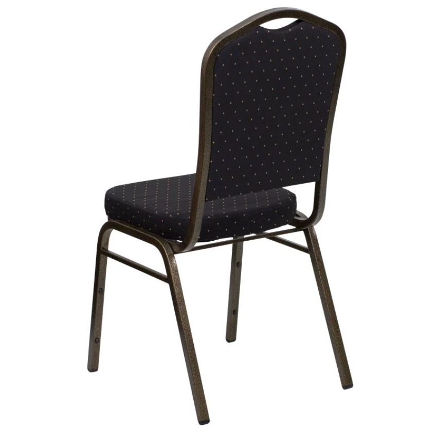 (SET OF 20 CHAIRS) Crown Back Stacking Church/Banquet Chair in Black Patterned Fabric - Gold Vein Frame 17.25" Wide