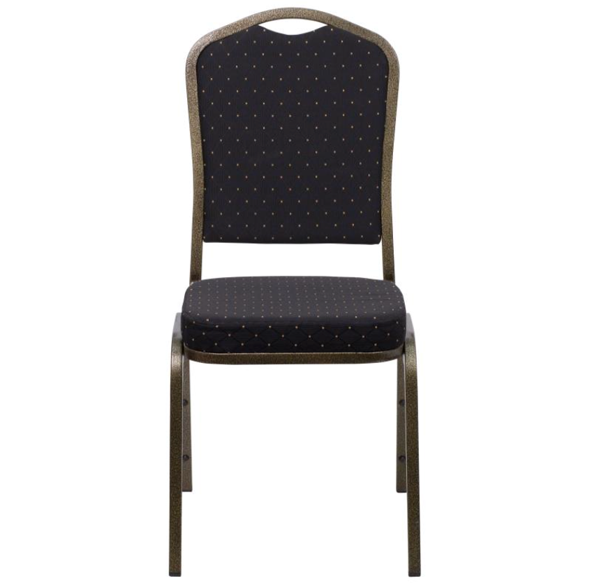 (SET OF 20 CHAIRS) Crown Back Stacking Church/Banquet Chair in Black Patterned Fabric - Gold Vein Frame 17.25" Wide