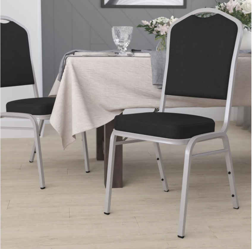 (SET OF 20 CHAIRS) Crown Back Stacking Church/Banquet Chair in Black Fabric - Silver Frame 17.25" Wide