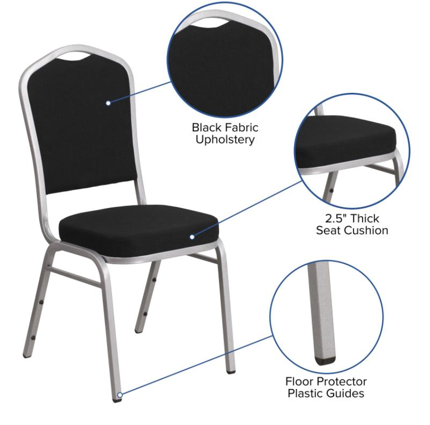 (SET OF 20 CHAIRS) Crown Back Stacking Church/Banquet Chair in Black Fabric - Silver Frame 17.25" Wide