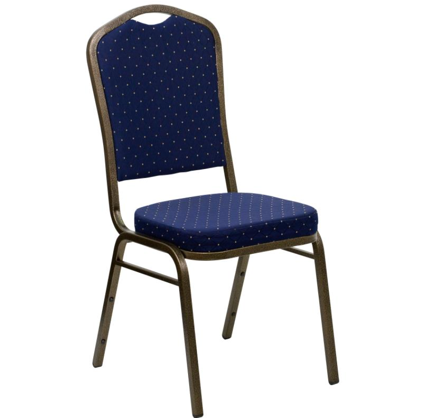 (SET OF 20 CHAIRS) Crown Back Stacking Church/Banquet Chair in Navy Blue Dot Patterned Fabric - Gold Vein Frame 17.25" Wide