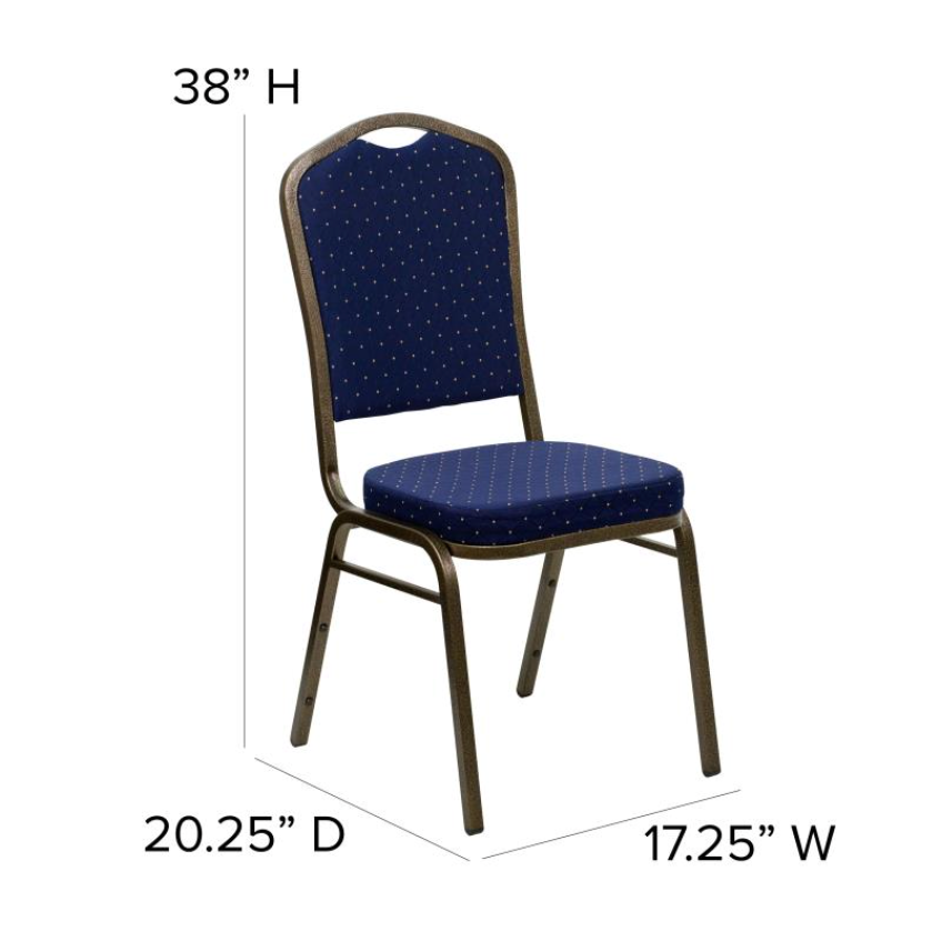 (SET OF 20 CHAIRS) Crown Back Stacking Church/Banquet Chair in Navy Blue Dot Patterned Fabric - Gold Vein Frame 17.25" Wide