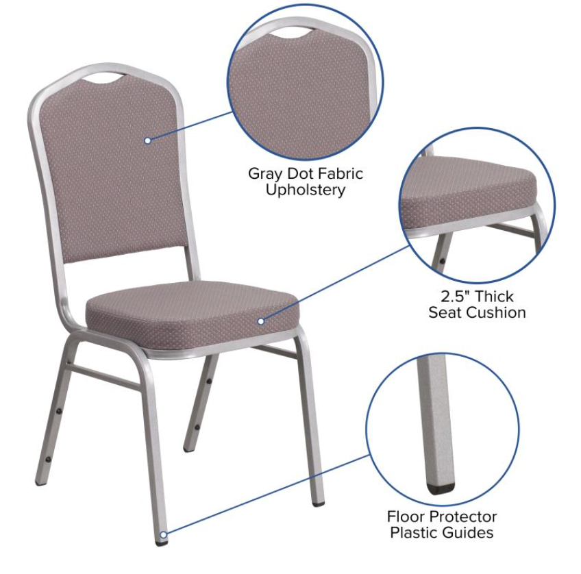 (SET OF 20 CHAIRS) Crown Back Stacking Church/Banquet Chair in Gray Dot Fabric - Silver Frame 17.25" Wide