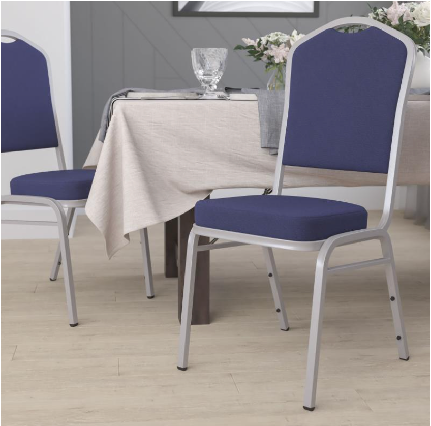 (SET OF 20 CHAIRS) Crown Back Stacking Church/Banquet Chair in Navy Fabric - Silver Frame 17.25" Wide