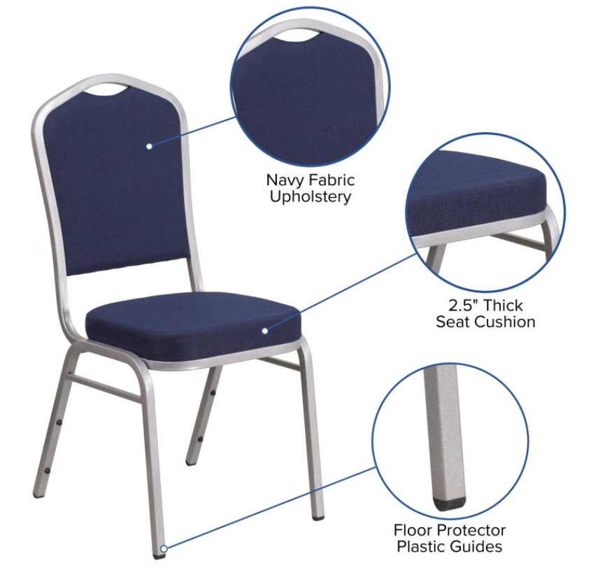 (SET OF 20 CHAIRS) Crown Back Stacking Church/Banquet Chair in Navy Fabric - Silver Frame 17.25" Wide