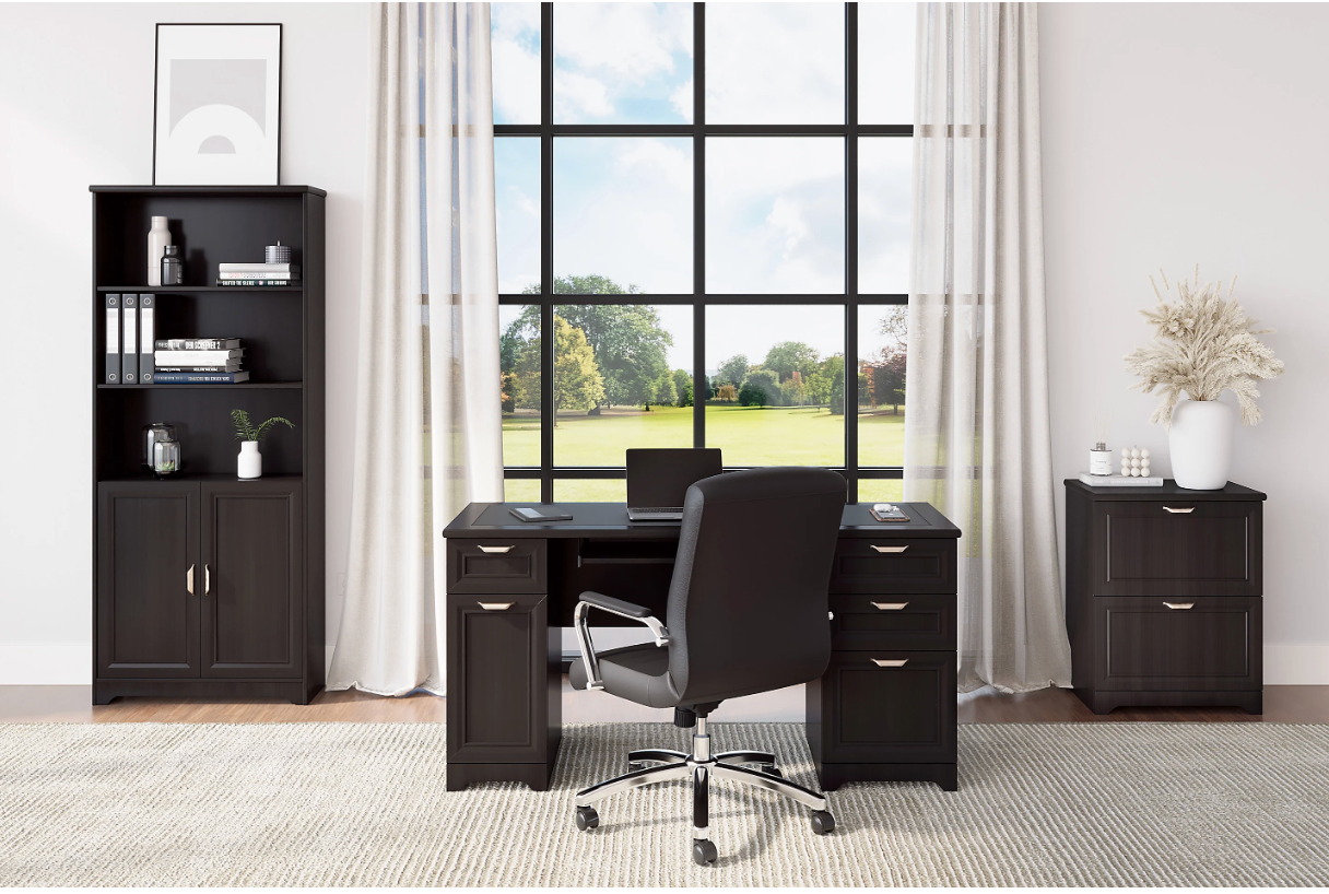 Realspace® Modern Comfort Winsley Bonded Leather Mid-Back Manager Office Chair, Black/Silver, BIFMA Compliant
