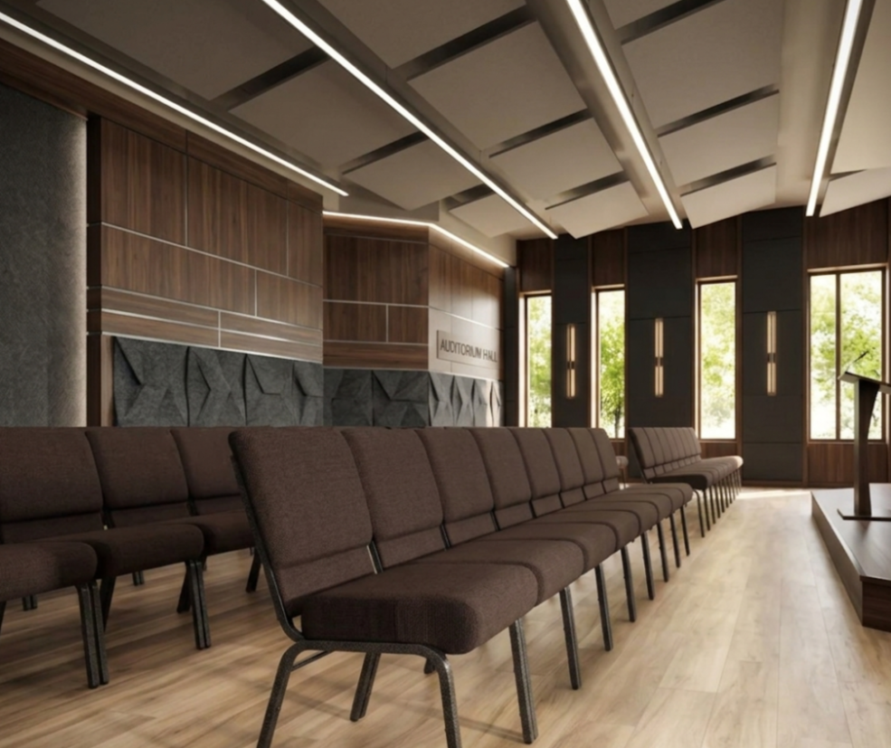 21" Wide Brown Fabric 330lbs Church Chair | Stackable Seating Fabric Worship Chairs with Cut-Away Back