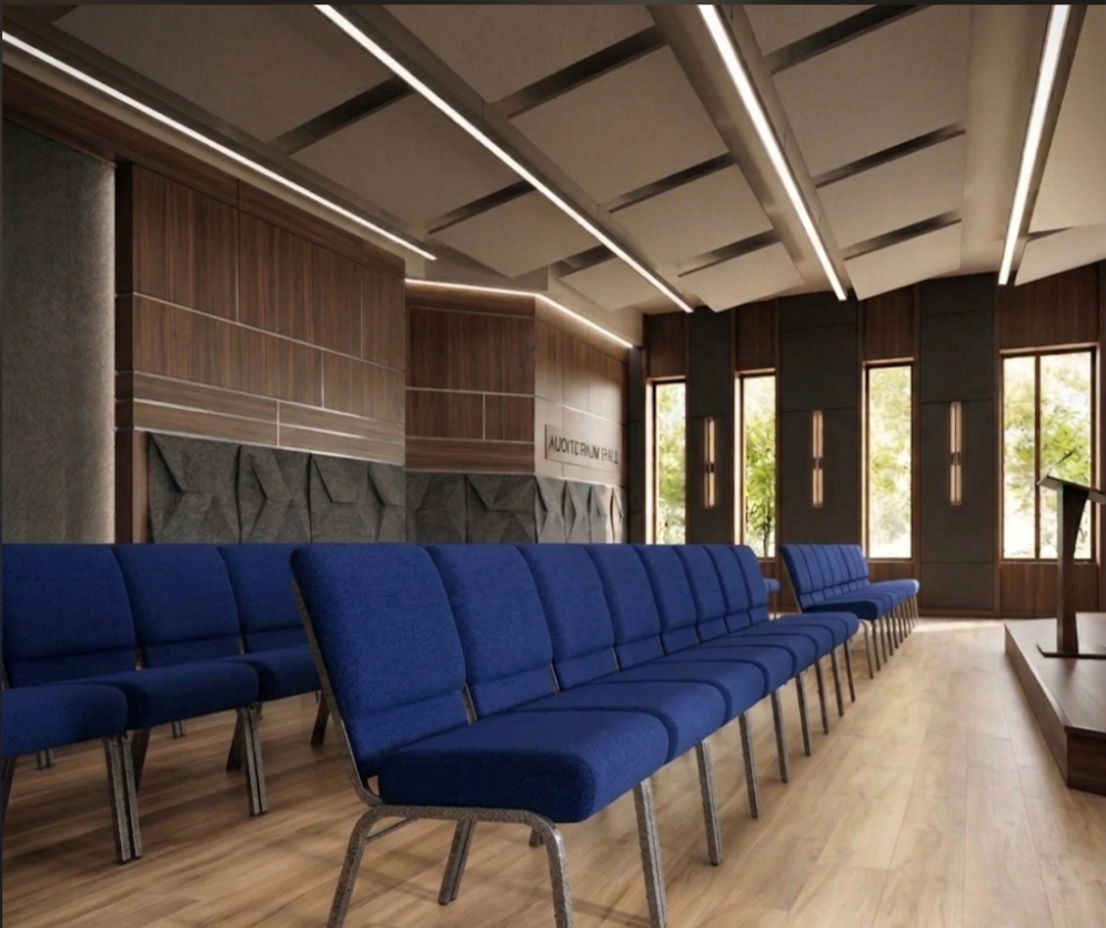21" Wide Blue Fabric 330lbs Church Chair | Stackable Seating Fabric Worship Chairs with Cut-Away Back